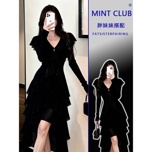 气质时尚 大码 连衣裙女春季 设计感不规则显瘦长袖 收腰裙子 胖MM法式