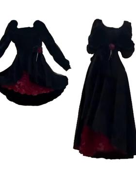 秋季新款黑色丝绒长袖方领连衣裙法式高级感气质收腰a字大码裙子