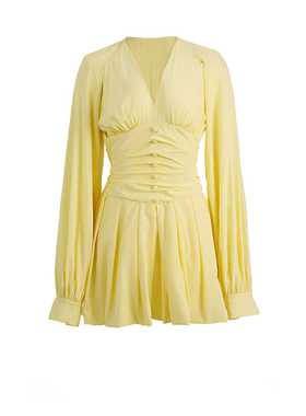 法式高级感黄色V领连衣裙女纯欲辣妹收腰显瘦气质荷叶边百褶短裙