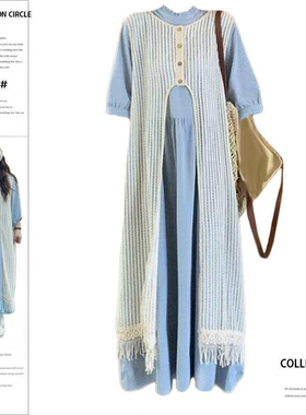 大码胖mm衬衫连衣裙女夏季高级感宽松显瘦叠穿马甲长裙两件套装潮