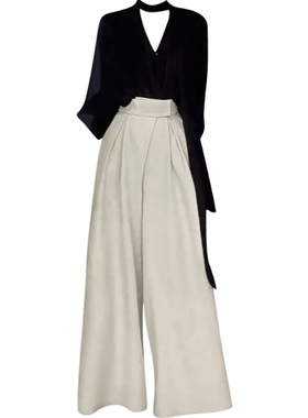 大码胖mm韩系黑色v领飘带长袖衬衫秋季新款修身显瘦阔腿裤两件套