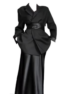 大码胖妹妹春季高级感女神范黑色西装外套半身长裙气质两件套装女