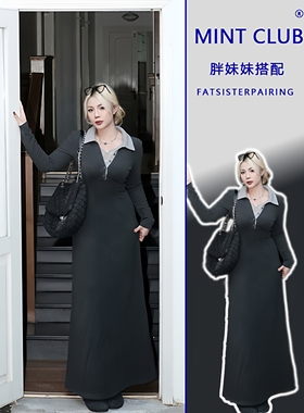 秋冬新款胖MM大码法式设计感POLO领拼接收腰修身假两件连衣裙女装
