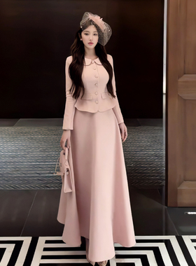 大码胖mm法式温柔风粉色娃娃领上衣半身裙女秋冬新款收腰显瘦套装