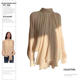 高级休闲宽松显瘦百搭长袖 大码 女春季 珠光感飘带衬衫 上衣 胖mm法式