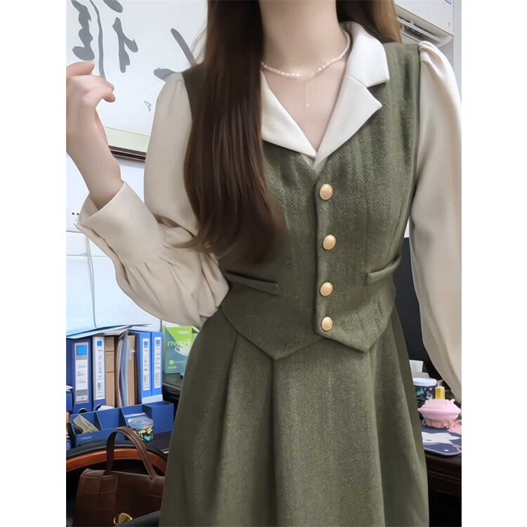 韩系减龄拼接假两件马甲连衣裙女图片