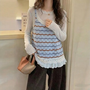 设计感波浪纹减龄叠穿针织吊带背心内搭打底衫 两件套 胖MM韩版 大码
