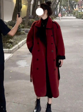 大码胖mm新年圣诞红色毛呢长款外套2025冬季双面呢子大衣跨年女装