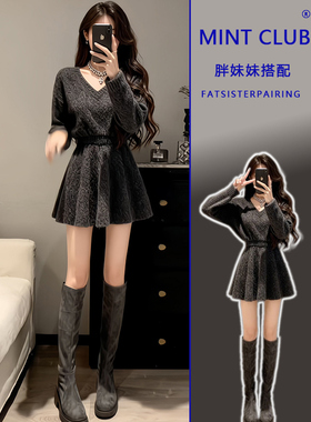 大码胖MM秋冬复古灰色V领软糯收腰短款毛衣百搭高腰A字短裙两件套