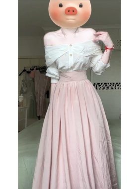 大码胖mm法式温柔风一字肩上衣高腰半身裙套装女早秋气质两件套装