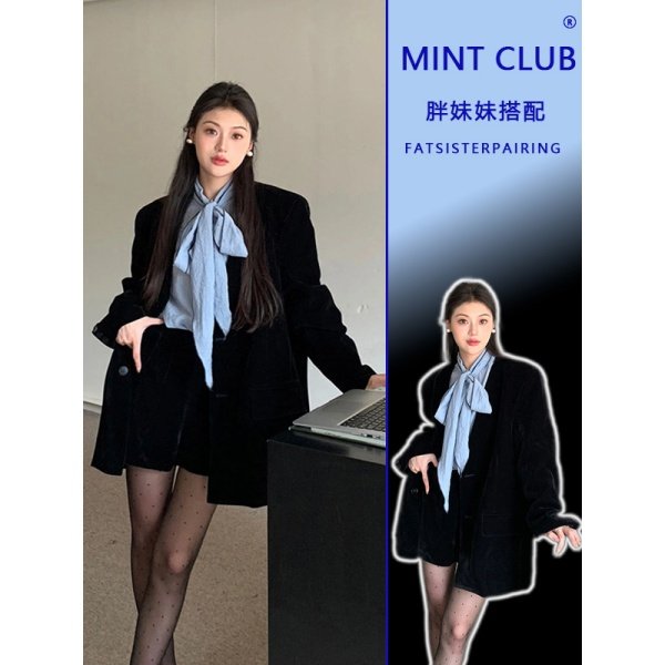 大码胖MM轻熟风黑色丝绒西装外套女冬季飘带衬衫短裤高级感三件套,女装/女士精品,时尚套装,淘宝优惠券,粉丝福利购,淘宝优惠卷
