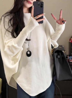 温柔风白色蝙蝠袖不规则下摆针织上衣女秋季新款大码胖MM百搭毛衣