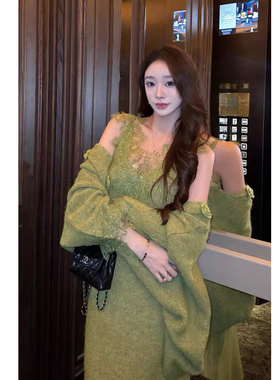 大码胖mm韩系v领针织吊带连衣裙慵懒风毛衣开衫时尚两件套女秋季