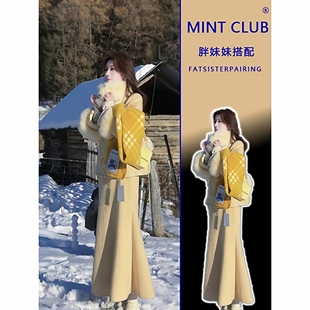 国风刺绣盘扣保暖外套秋冬高腰鱼尾半身裙绝美套装 大码 胖MM新中式