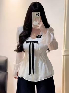 大码胖mm学院风白色蝴蝶结减龄长袖衬衫女秋季新款收腰显瘦上衣潮