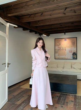 大码胖mm温柔风高级感粉色包扣外套高腰半身裙女秋冬时尚气质套装