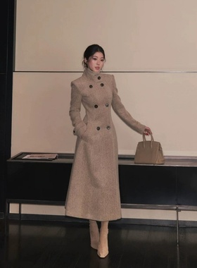 大码胖mm老钱风双排扣毛呢大衣女秋冬中长款高级感巨好看气质外套