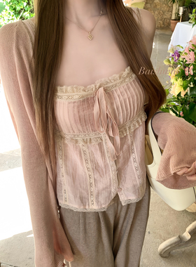 大码胖mm法式纯欲风时尚气质针织开衫蕾丝上衣女秋季宽松显瘦套装