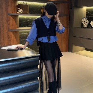 大码胖mm法式学院风叠穿针织马甲翻领衬衫网纱半身裙女春季两件套