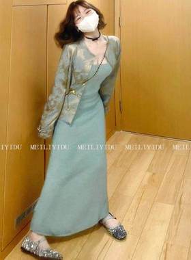 大码pmm新中式国风提花单排扣显瘦外套内搭连衣裙时尚两件套装女
