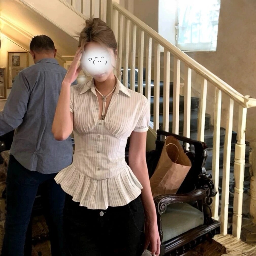 大码胖mm法式简约百搭条纹收腰短袖上衣女装后背绑带修身显瘦衬衫