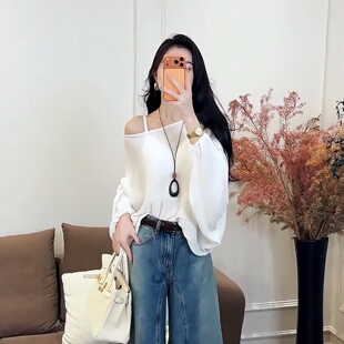 宽松防晒罩衫 大码 潮 新款 T恤女夏季 胖MM慵懒风斜领露肩蝙蝠袖 长袖