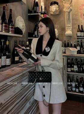 大码胖mm名媛气质小香风长袖连衣裙女春秋高级感翻领千金风短裙子