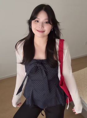 大码胖mm法式波点抹胸上衣针织开衫两件套女秋季新款修身显瘦套装