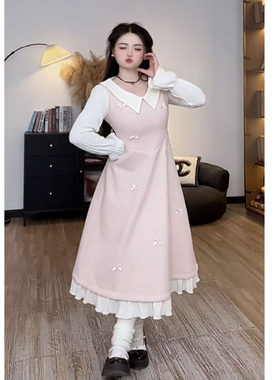 大码法式小香风假两件长袖连衣裙女装秋冬胖mm温柔风韩系穿搭短裙