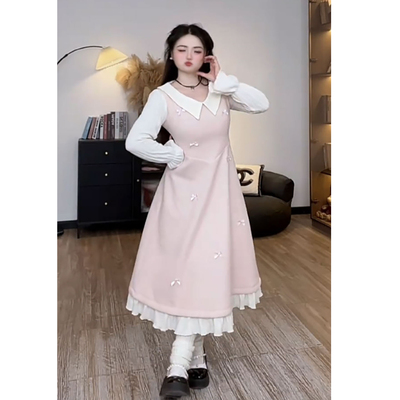 大码法式小香风假两件长袖连衣裙女装春季胖mm温柔风韩系穿搭短裙