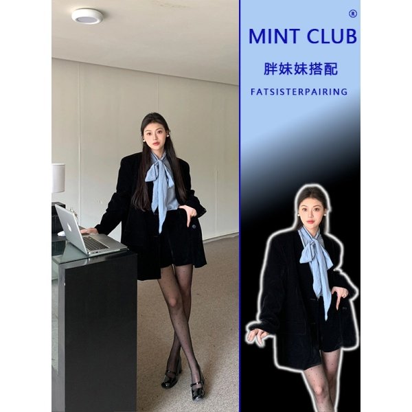 大码胖MM轻熟风黑色丝绒西装套装女冬季飘带衬衫短裤高级感三件套,女装/女士精品,时尚套装,淘宝优惠券,粉丝福利购,淘宝优惠卷