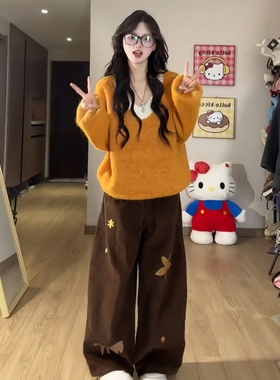 大码胖mm慵懒风假两件V领针织毛衣阔腿裤女秋冬宽松百搭显瘦套装