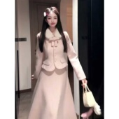 大码 毛呢外套高腰半身裙春秋套装 胖MM法式 千金风娃娃领蝴蝶结修身