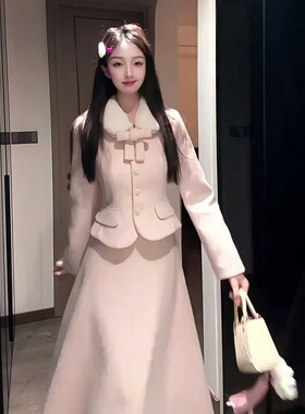 大码胖MM法式千金风娃娃领蝴蝶结修身毛呢外套高腰半身裙春秋套装