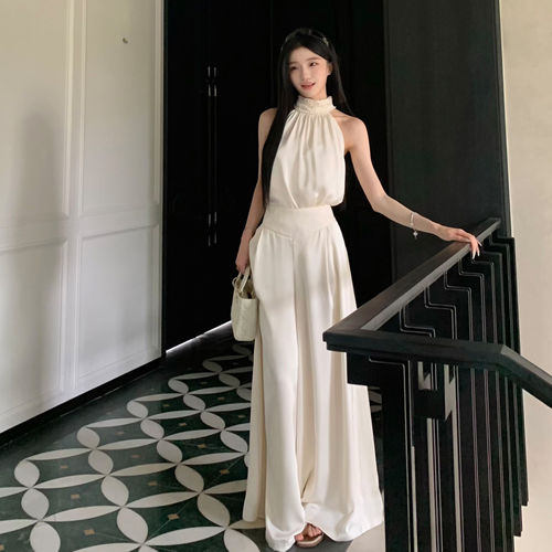 大码胖mm法式千金感高级感珍珠缎面背心高腰阔腿长裤时尚气质套装