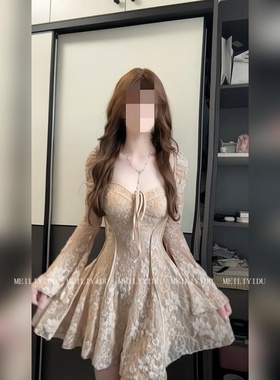 大码胖mm法式浪漫风重工蕾丝连衣裙女秋季长袖束腰型高级感气质裙