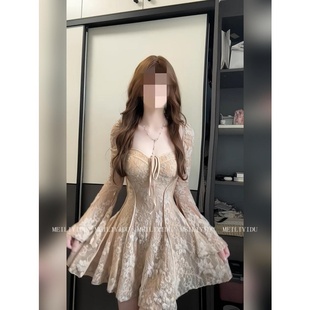 长袖 浪漫风重工蕾丝连衣裙女秋季 束腰型高级感气质裙 胖mm法式 大码