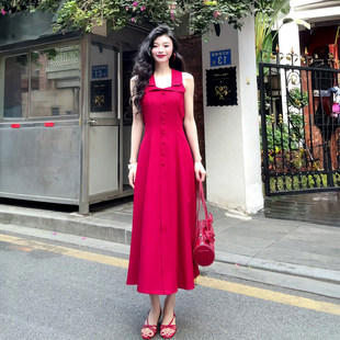 大码胖mm海边度假风红色无袖连衣裙女夏季新款修身收腰百搭长裙子