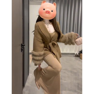 口收腰显瘦套装 连衣裙两件套女秋冬毛毛袖 胖mm慵懒风针织开衫 大码