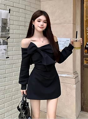 大码胖mm法式蝴蝶结一字肩连衣裙女秋季气质白色收腰显瘦时尚短裙