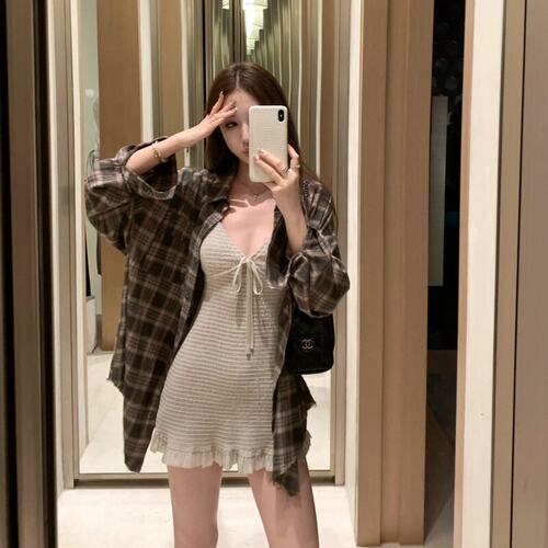 大码胖MM韩系设计感气质格子衬衫配V领收腰连衣裙夏季纯欲两件套