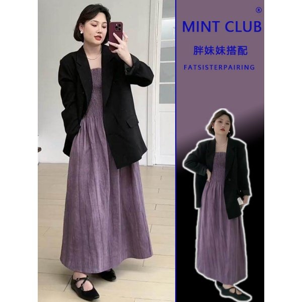 大码胖mm法式复古度假风紫色吊带连衣裙女高级感气质黑色西装外套,女装/女士精品,时尚套装,淘宝优惠券,粉丝福利购,淘宝优惠卷