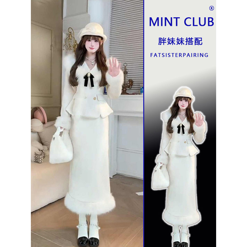 大码胖mm小香风高级感蝴蝶结修身短款外套高腰半身裙春秋两件套女,女装/女士精品,时尚套装,淘宝优惠券,粉丝福利购,淘宝优惠卷