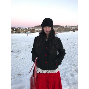 大码 气质百搭显瘦红色高腰半身裙两件套 胖mm黑色毛呢外套女秋冬款