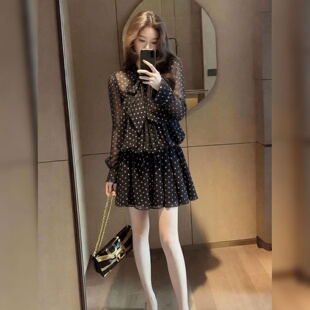 大码胖MM法式高级感气质系带波点微透衬衫连衣裙女夏季收腰短裙子