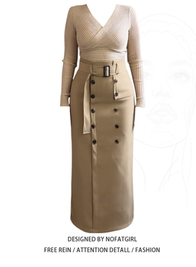 大码胖mm法式百搭高腰显瘦半身裙女春季新款辣妹风交叉V领针织衫