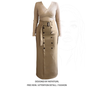 套装 大码 辣妹风交叉V领针织衫 百搭高腰显瘦半身裙女春季 胖mm法式