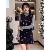 大码 胖MM设计感印花叠穿马甲背心女高级感气质内搭打底上衣半身裙