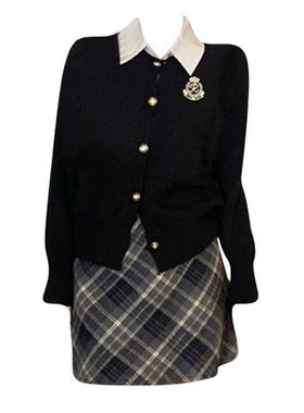 大码胖MM美式学院风套装假两件针织衫上衣春秋显瘦格纹短裙两件套