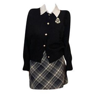 假两件针织衫 学院风套装 上衣春秋显瘦格纹短裙两件套 胖MM美式 大码